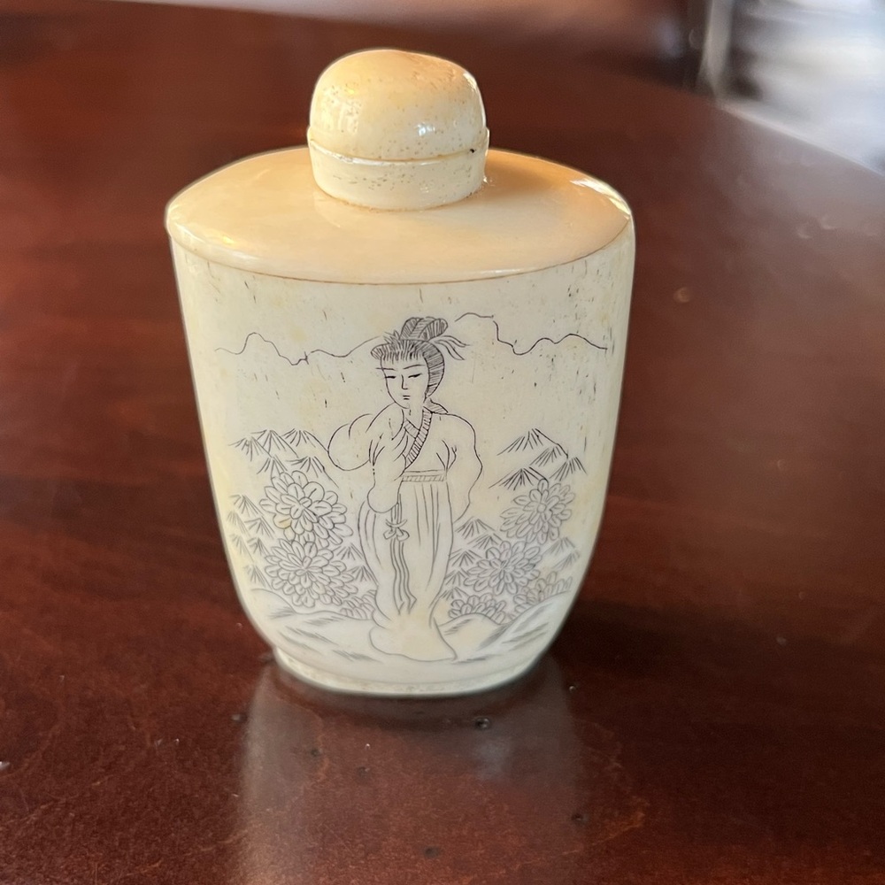 Chinese Snuff Bottle - Bone Or Ivory - Etched with Woman in Garden - Vintage!